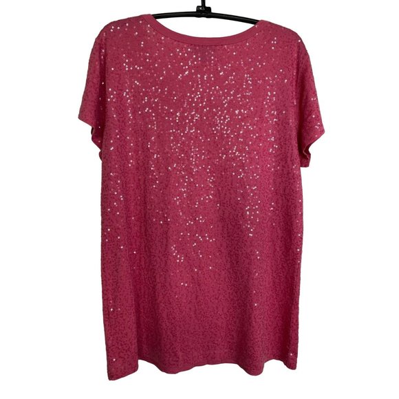 DKNY Womens Pink Sequined Short Sleeve Round Neck Top Size L Rave Party Sexy - Picture 2 of 8
